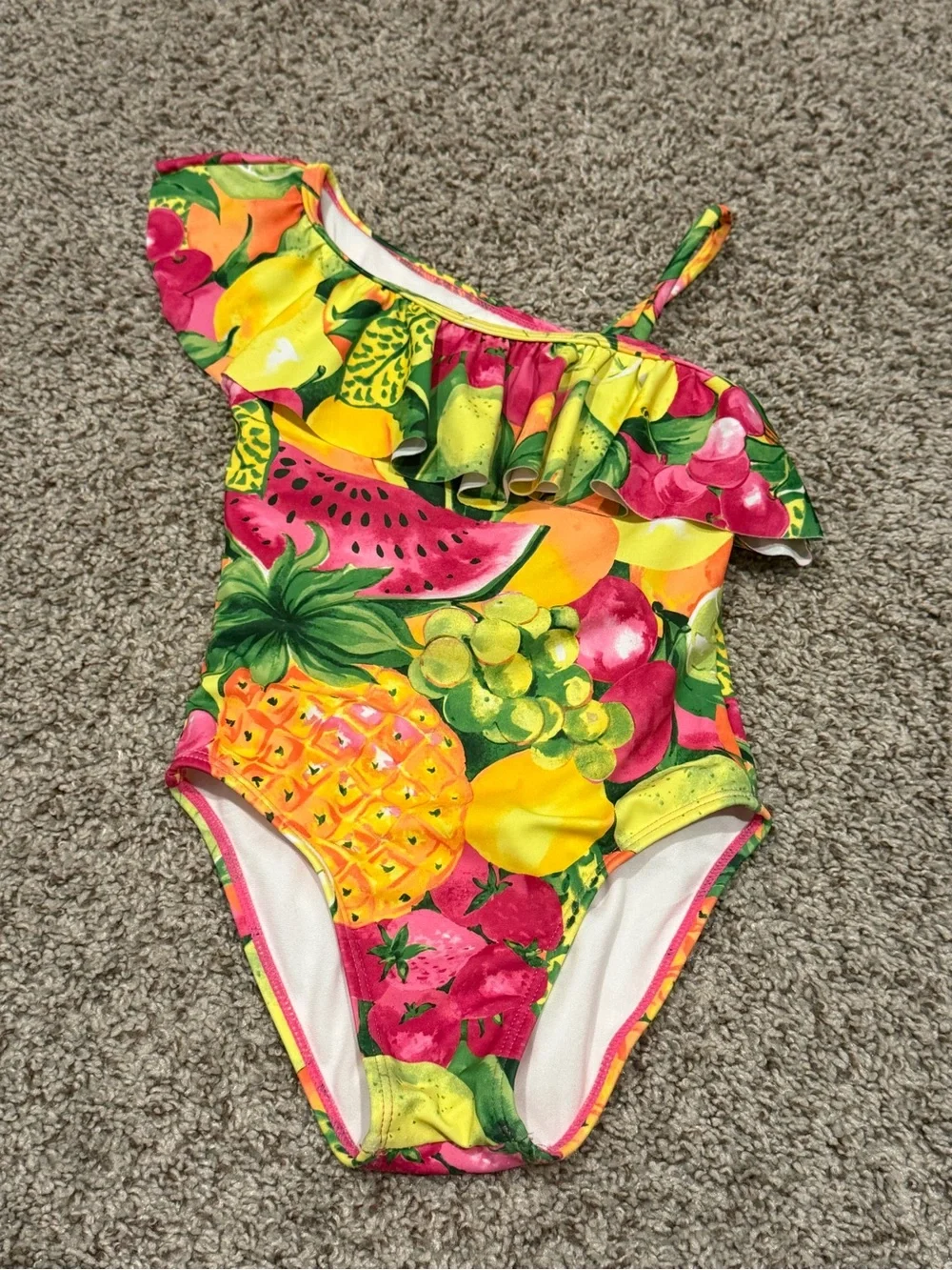 Janie and Jack One-Shoulder Fruit Print Swimsuit in Pink, Yellow & Green